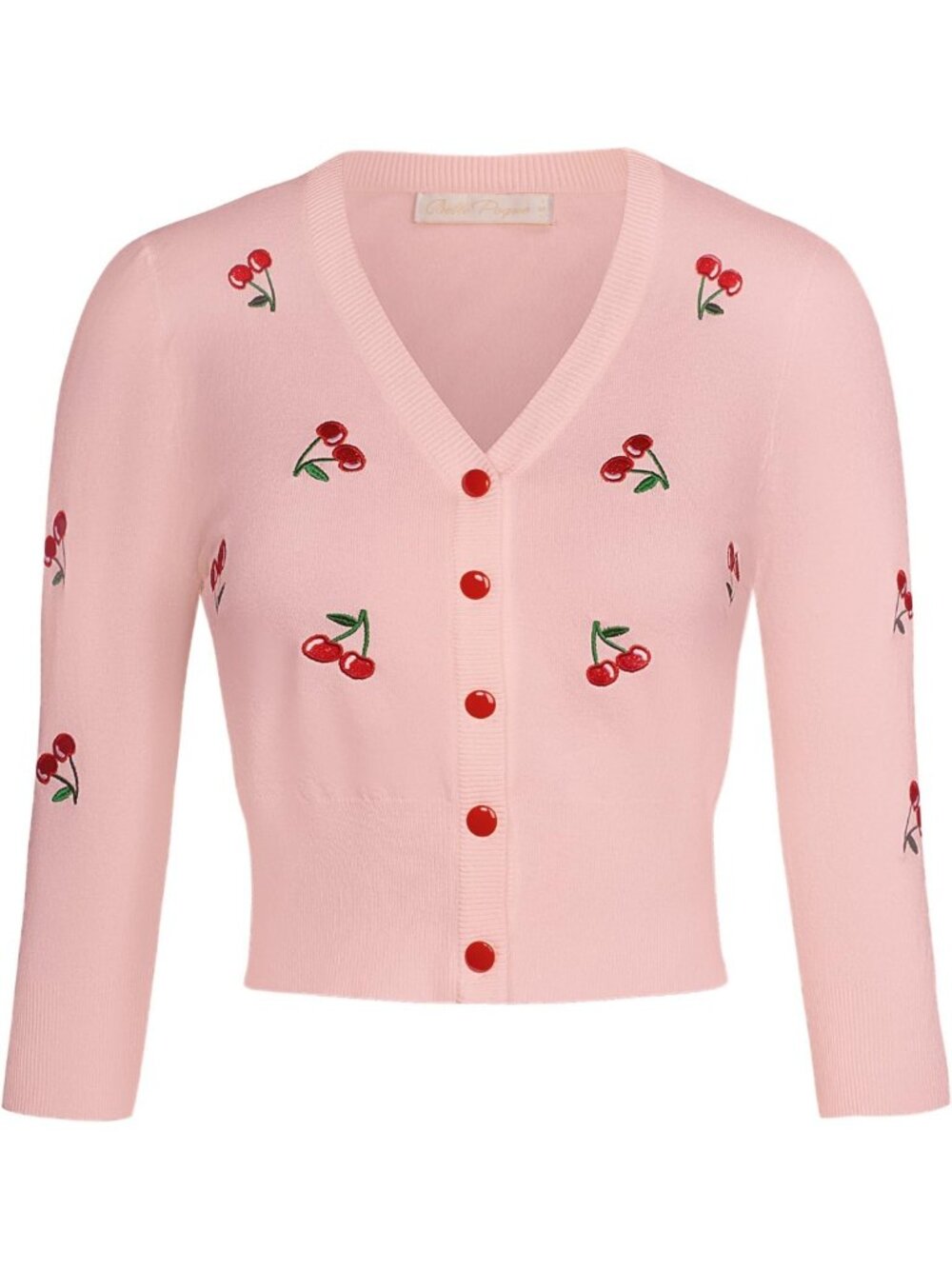 Chic 3/4 Sleeve V-Neck Cropped Cardigan Sweater with Cherry Embroidery